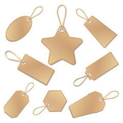 Blank vintage brown paper price tags with strings isolated on white. vector collection