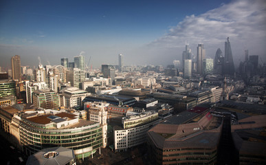 rooftop view over London on a foggy day from St Paul's cathedral, UK