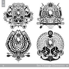 Skull front view with vintage weapon, wreath, marine elements. Set of vintage and nautical banners on white