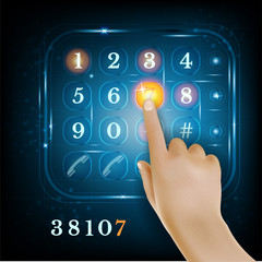 Virtual phone keyboard or keypad and realistic hand push the button
