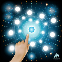 Virtual high tech construction or graphic and realistic hand push the button in the middle