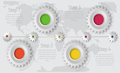 Infographics timeline template with realistic colorful gears for 4 steps and icons.