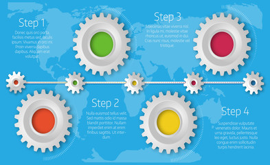 Infographics timeline template with realistic colorful gears for 4 steps and icons.