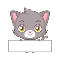 Cute gray cat character with a blank sign
