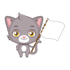 Cute gray cat character holding a blank flag