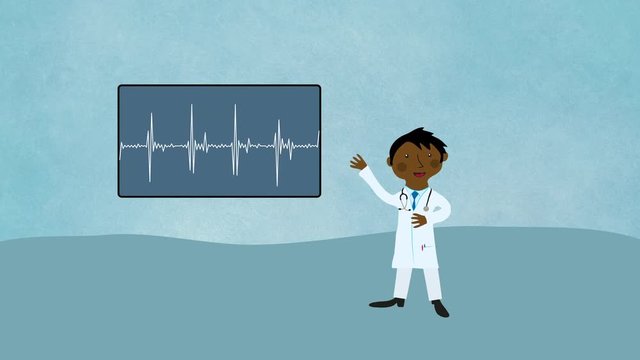 Doctor showing heart beats on display. Flat design cartoon character. Concept of hospital care.