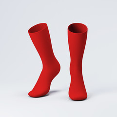 Red socks, socks mockup, pair sport crew cotton socks  3d rendering