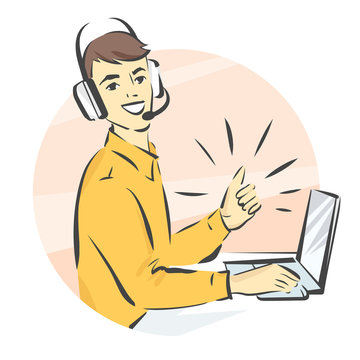 Call center support, vector illustration, man in handsfree headphones working on laptop and showing thumb up