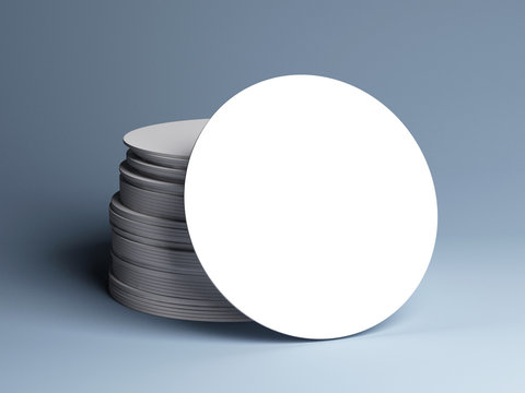 Stack of white round beer coasters, isolated. Mockup. 3D illustration
