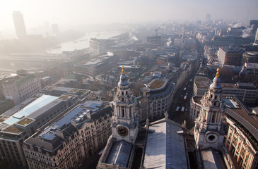 rooftop view over London on a foggy day from St Paul's cathedral, UK