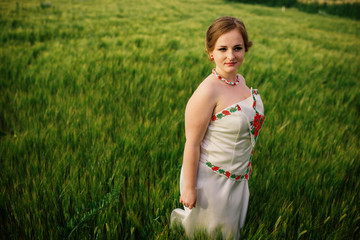 Young girl at ukrainian national dress posed at wreath field.