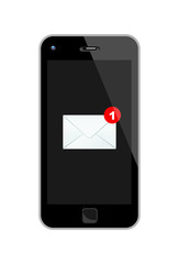 Vector Illustration Of A Black Smart Phone With One Incoming Mail.