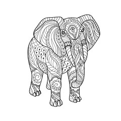 Elephant on white background. Black and white lines. Freehand sketch for adult anti stress coloring book page with doodle and zentangle elements.