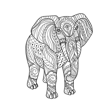 Elephant on white background. Black and white lines. Freehand sketch for adult anti stress coloring book page with doodle and zentangle elements.