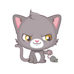 Cute gray cat character about to catch a mouse