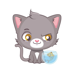Cute gray cat character looking at fish