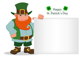 Happy Saint Patrick's Day. Cartoon happy leprechaun standing near big blank sign. Character with green hat and red beard and four leaf clover. Vector illustration. Usable for sale, invitation, banner