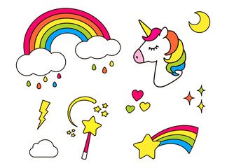 Stickers set with unicorn, rainbow, star, cloud, magic wand  for girls. Cool decoration elements isolated on white. Vector comic cartoon 80s-90s style. Cute set of fashion patch badges, pins