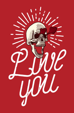Skull in love thin line calligraphy grunge valentines print