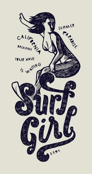 surf girl vintage print with beautiful woman riding a wave.