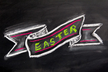 Grunge ribbon draw by white chalk with easter wording on black board background