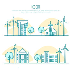Ecology city landscapes, eco urban houses. Alternative energy