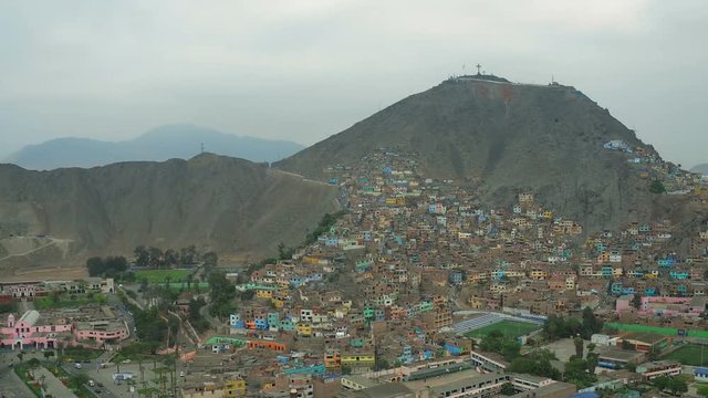 Lima Peru Aerial v40 Flying over Rimac district panning with Barrios on San Cristobal hill views.