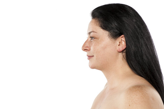 Profile Of Young Smiling Chubby And Freckled Woman Without Makeup