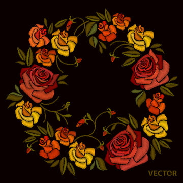 Embroidery flowers roses vector. Beautiful decorative floral