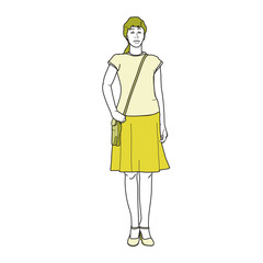 Woman in casual yellow clothing with purse.
