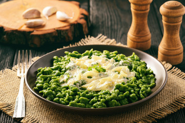 German dumplings (spaetzle) with spinach and cheese sauce.