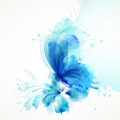 Beautiful watercolor abstract blue butterfly on the flower on the white background. - 137770855