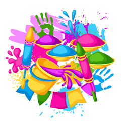 Happy Holi colorful background. Illustration of buckets with paint, water guns, flags, blots and stains