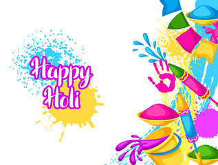 Fototapeta na wymiar Happy Holi colorful background. Illustration of buckets with paint, water guns, flags, blots and stains
