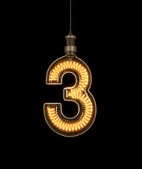Number 3, Alphabet  made of light bulb. 3D illustration