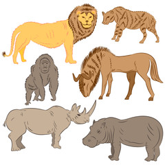 Hand Drawn African Wilde Animals. Doodle Drawings of Lion, Stripped Hyena, Gorilla, Wildebeest, Hippo and Rhinoceros. Flat Style.  Vector Illustration.