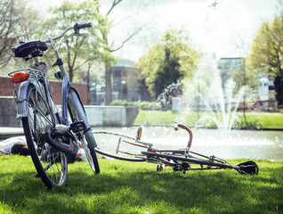 lifestyle people concept: couple of bicycle on green grass in summer park at fountain 