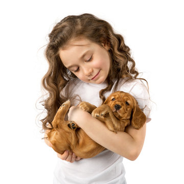 Little Girl With Red Puppy Isolated On White Background. Kid Pet Friendship