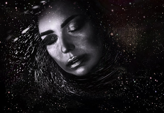 Female portrait and galaxy, person of the Universe