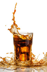 Cola splash in a glass with ice cubes