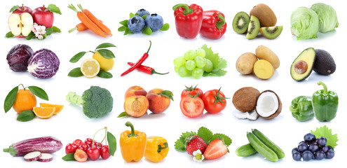 Obst und Gemüse Früchte Apfel Orange Tomaten Salat Weintrauben frische Collage Freisteller freigestellt isoliert