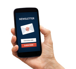 Hand holding smart phone with subscribe newsletter concept on screen. Isolated on white background....