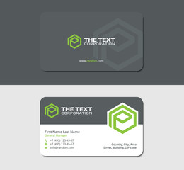 gray business card with green hexagon, print template, branding and brand, letter e