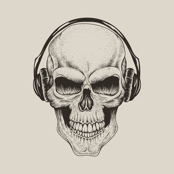 skull in headphones listen a music
