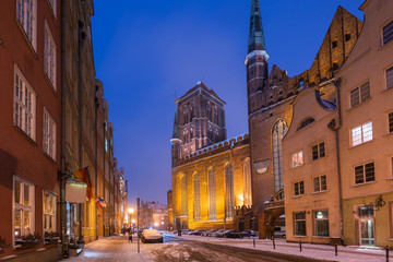 Old town of Gdansk in snowy winter, Poland