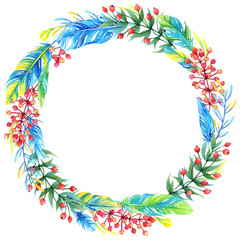 Watercolor floral wreath with blue and green feathers