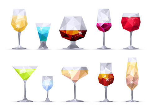 Set of poligonal icon alcoholic glass on white background.Geometric triangle style.JPG with isolated path