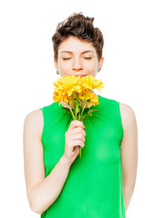 beautiful brunette with a bouquet of chrysanthemums on a white background