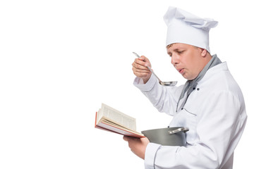 Chef with a book and a saucepan and a space on the left