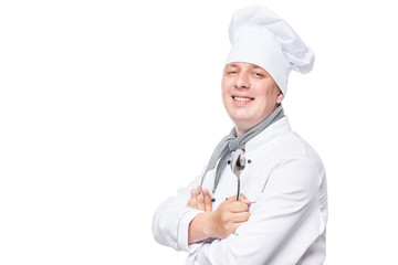 horizontal portrait of cook on a white background with metal spoon